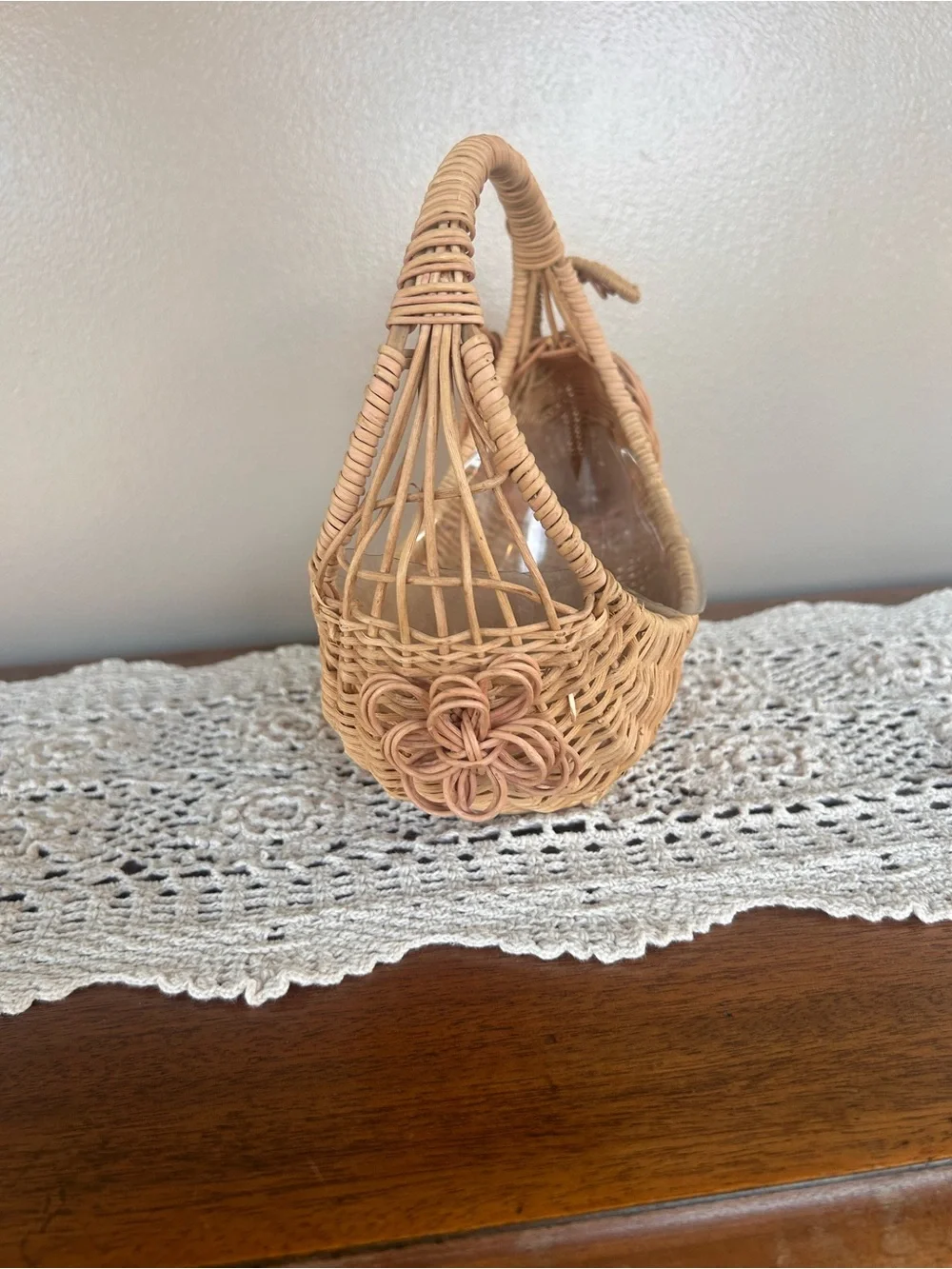 Vintage Wicker Rattan Bunny Basket w/Handle and Liner Easter Spring Cottagecore